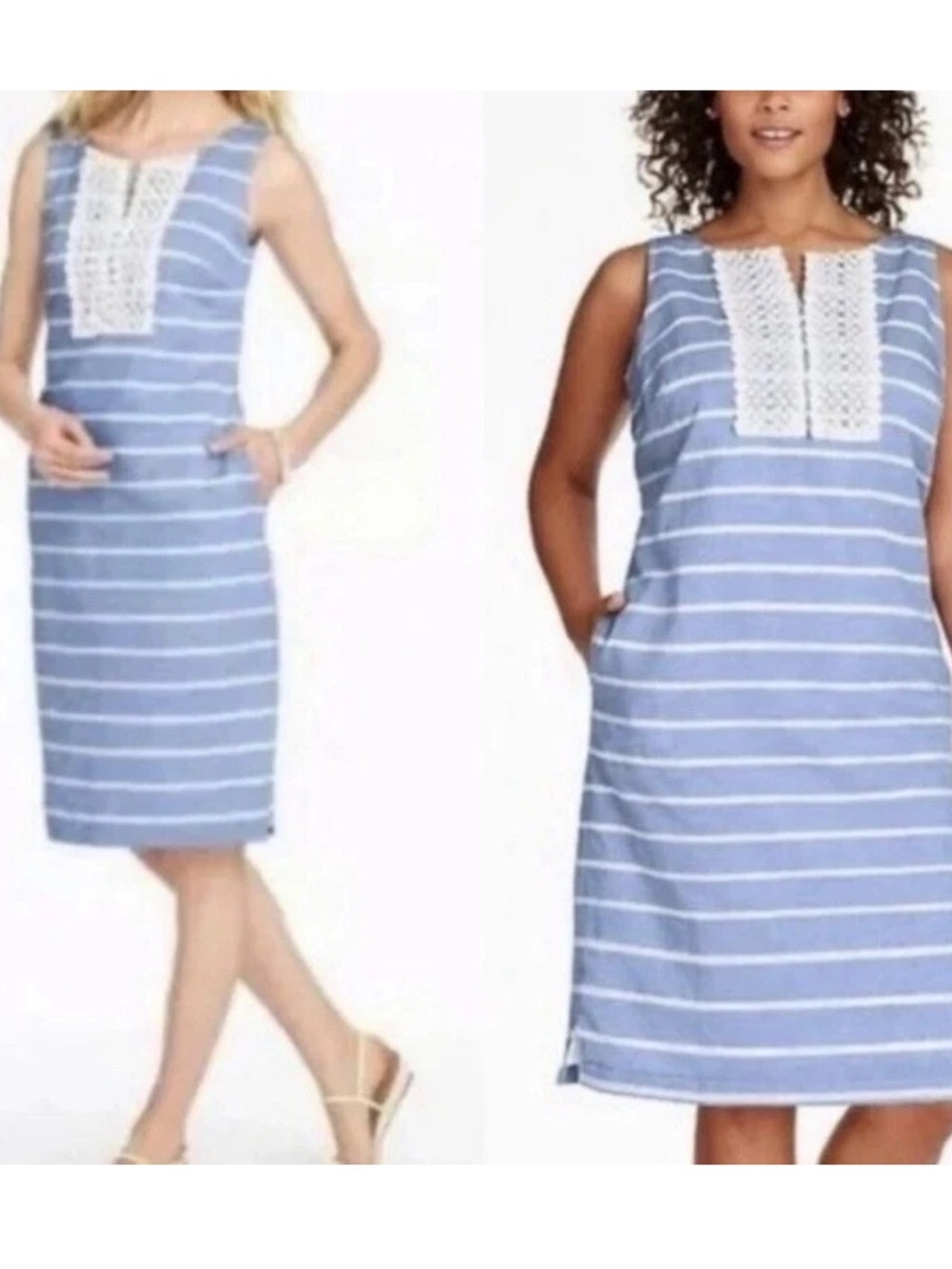 Talbots Sleeveless Sheath Dress Blue White Striped 8 Lace Linen Cotton Pockets